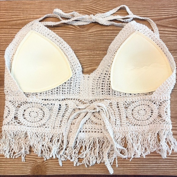 Sans Souci Crochet Fringe Padded Bralette Crop Top Beach Vacation Swim Coverup - Picture 3 of 6